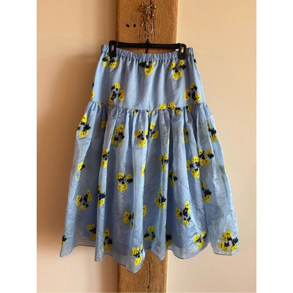 Tanya Taylor Lara Midi Skirt - Yellow/Blue Floral A-Line Sz Large
